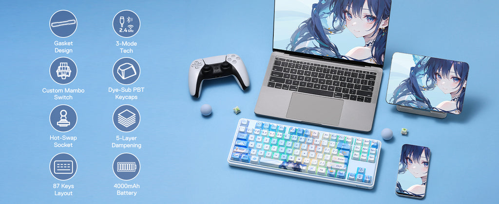 Redragon K707 PRO SE 80% Wireless Gasket RGB 3-Modes 87 Keys Gaming Mechanical Hot-Swap Keyboard, Mint Mambo Switch