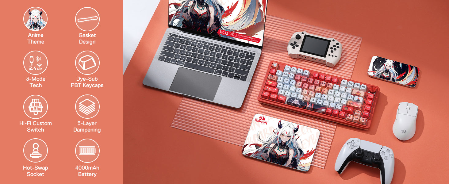 Redragon K673 PRO SE 81 Keys Wireless RGB 3-Mode Anime Mechanical Hot-Swap Socket Gaming Keyboard, Custom Hi-Fi Linear Switch