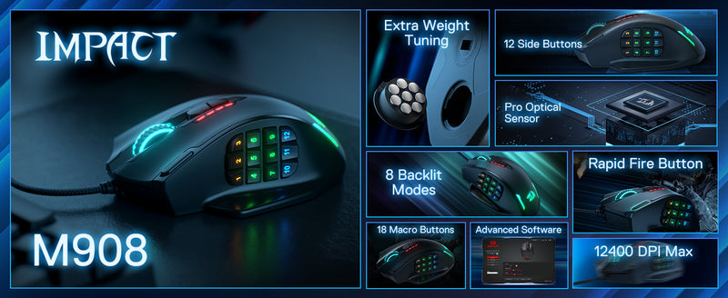 Redragon M908 RGB Backlight LED USB Wired Gaming Mouse 18 Programmable Mouse Buttons 12400 DPI