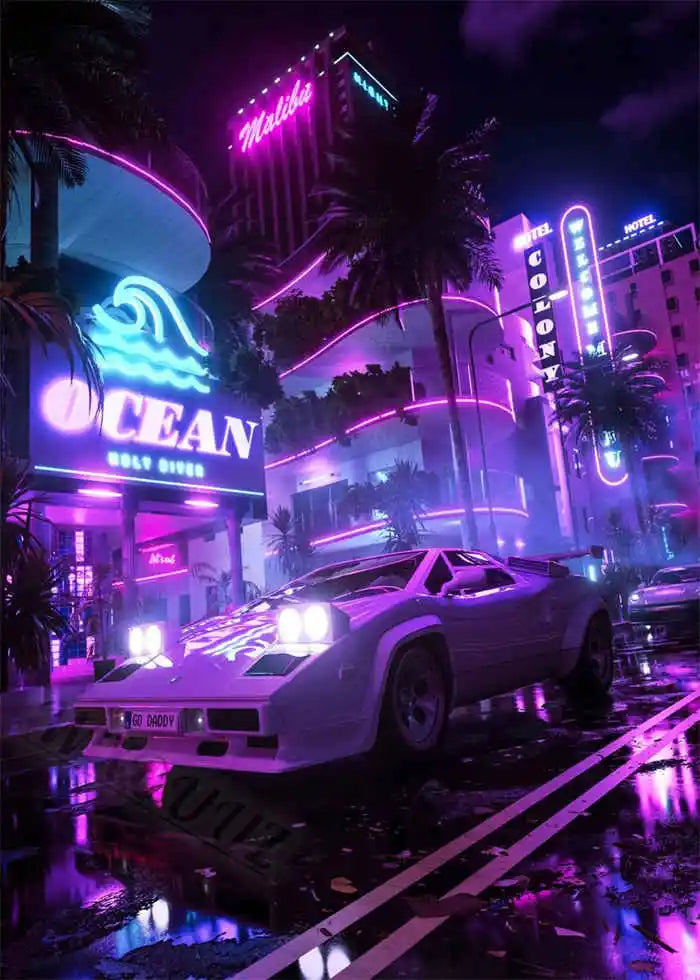 Neon Night City Landscape 80s Retro Cyberpunk Car Posters for Room Aesthetic Painting Canvas Print Home Art Wall Decor Pictures