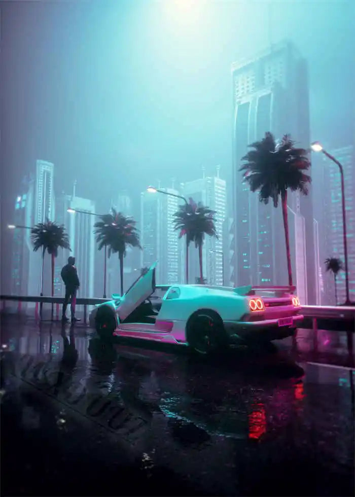 Neon Night City Landscape 80s Retro Cyberpunk Car Posters for Room Aesthetic Painting Canvas Print Home Art Wall Decor Pictures