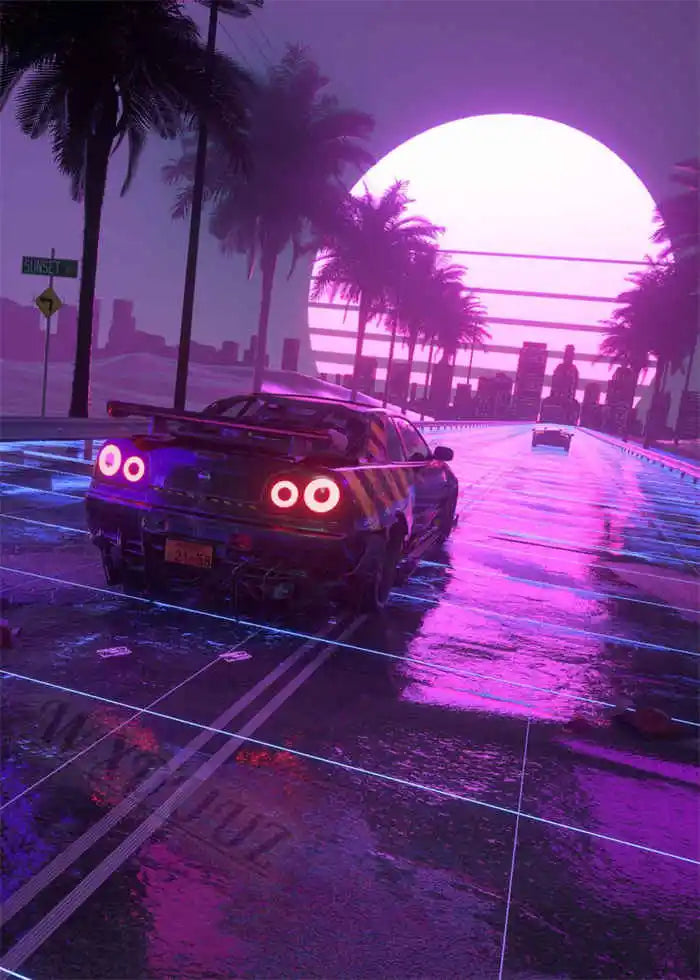 Neon Night City Landscape 80s Retro Cyberpunk Car Posters for Room Aesthetic Painting Canvas Print Home Art Wall Decor Pictures