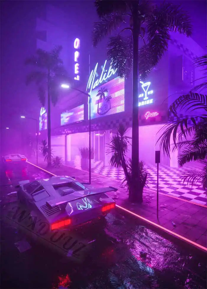 Neon Night City Landscape 80s Retro Cyberpunk Car Posters for Room Aesthetic Painting Canvas Print Home Art Wall Decor Pictures