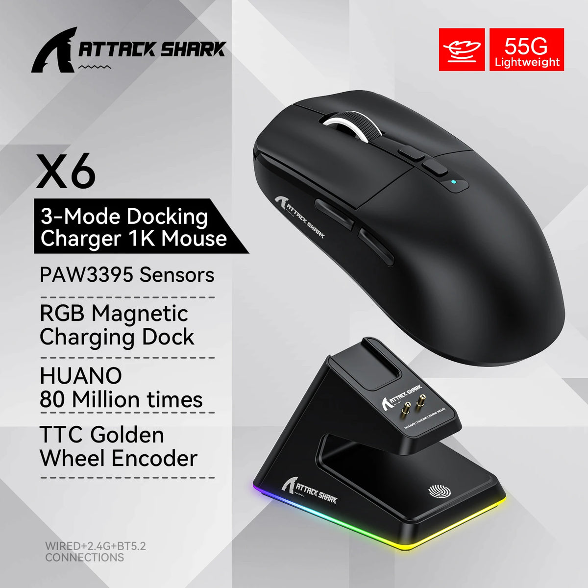 Attack Shark X6 PAW3395 the third mock examination Lightweight Bluetooth Mouse RGB Touch Magnetic Charging Stand DPI26000