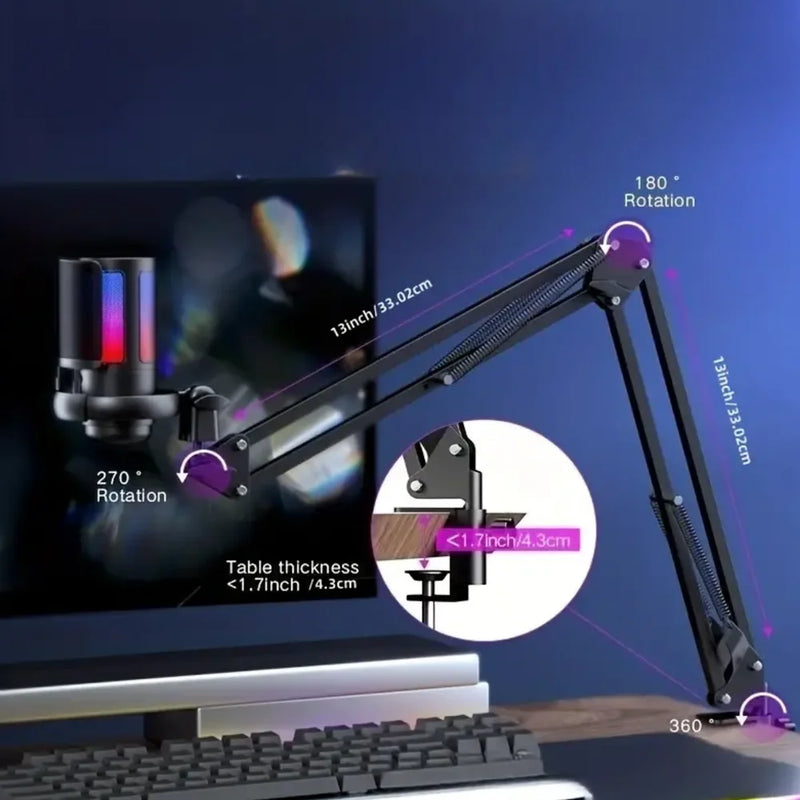 USB Condenser Microphone RGB Esports Game Call Recording Condenser Mic with Metal Boom Stand Desktop Mic for Studio Recording