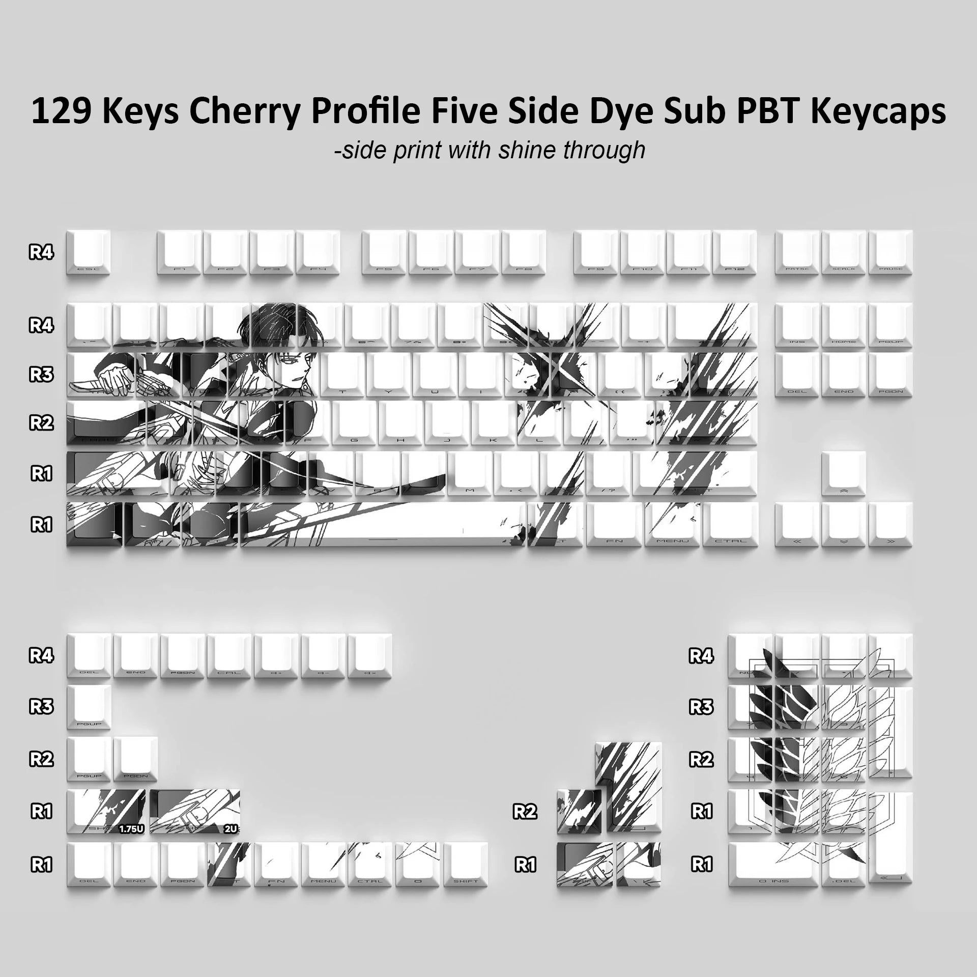 129 Keys Swordsman 5 Sides Dye Sub PBT Keycap Cherry Profile Side Printed Shine Through Keycaps for MX Switches Gaming Keyboard