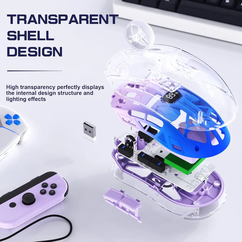 A2 Transparent Wireless Gaming Mouse, BT 5.0/2.4G PC Rechargeable RGB Mice with Digital Screen,PixArt 3212, 5 Adjustable DPI