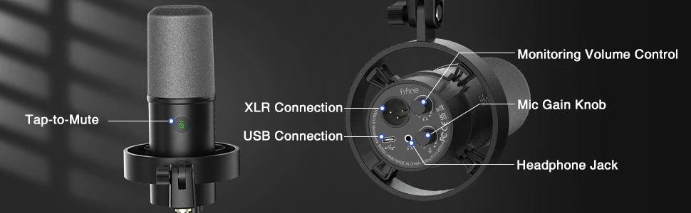 FIFINE Recording XLR Dynamic Microphone with Real-time Monitoring,USB Streaming Mic with Gain Knob/Touch-mute for PC,Mixer-K688