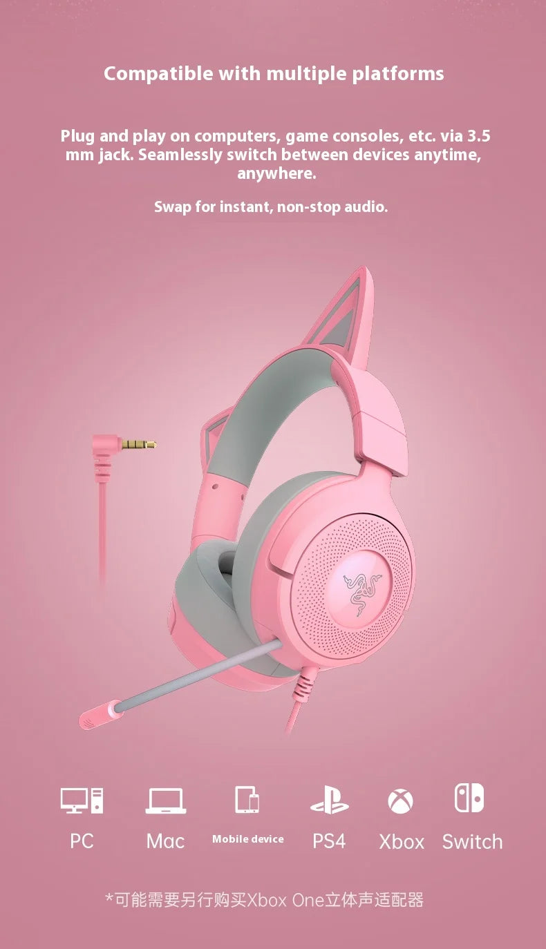 Razer Kraken Kitty V3 X Wired Headphones With Mic Head Mounted Esports Gaming Earphone Triforce Lightweight Headsets PC Laptop