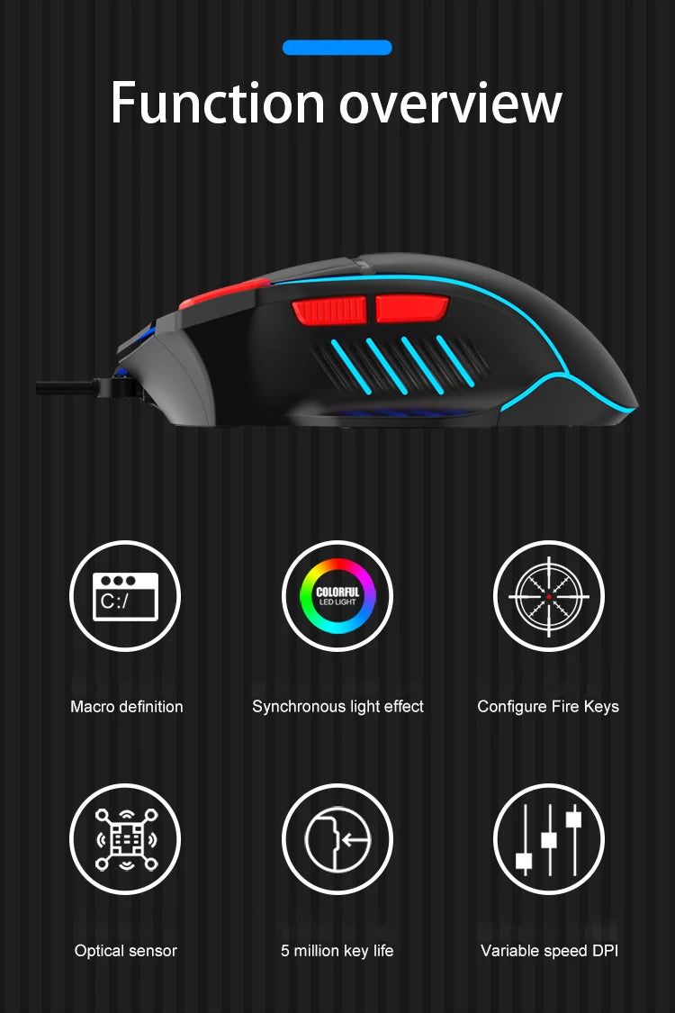 K-Snake Q6 Wired USB Gaming Mouse Desktop PC/Notebook Home Office Glow 8 Button Mouse 7200DPI Macro Programming