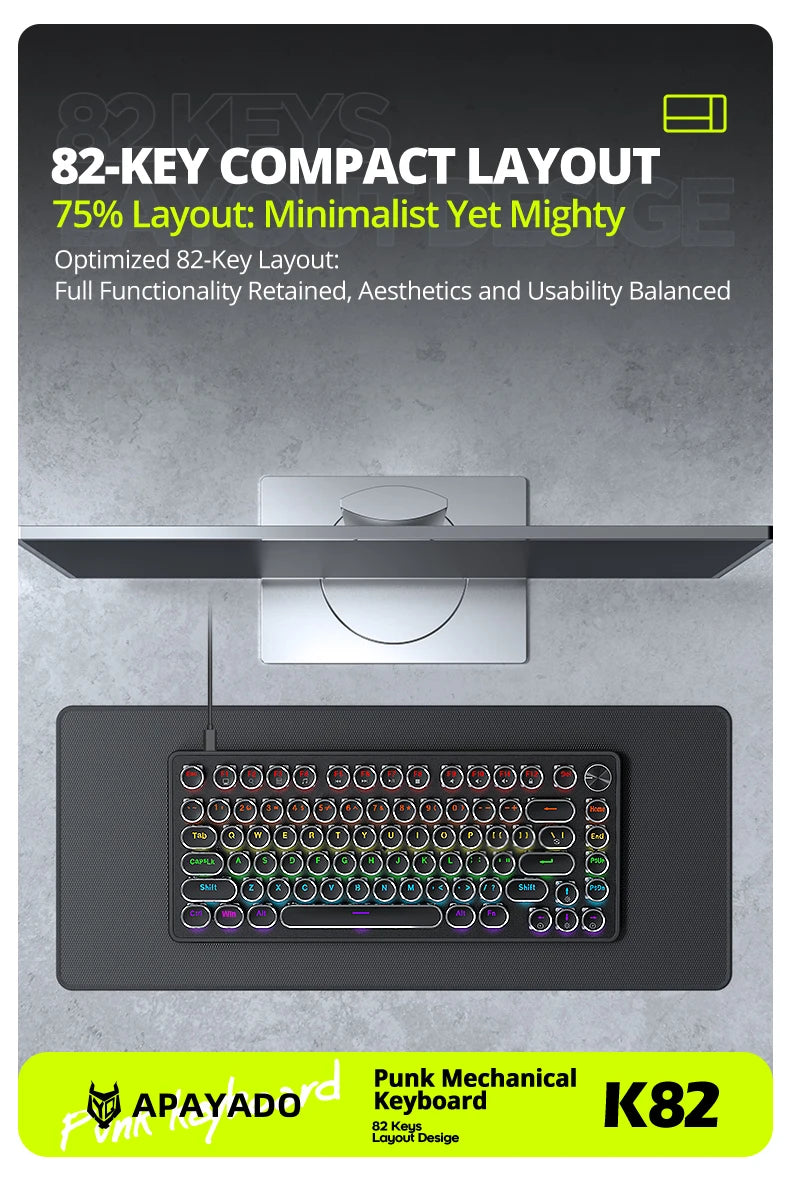 APAYADO K82 Wired Steampunk Mechanical Keyboard 75% Compact 82-Key Hot-Swappable RGB Retro Gaming Keyboard Multifunctional Knob