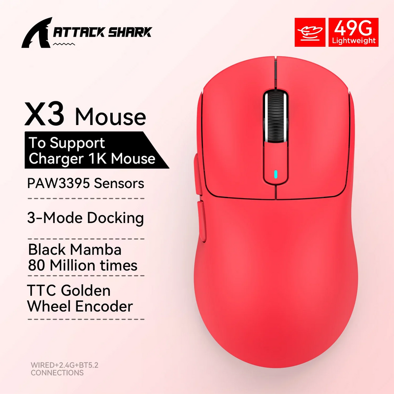 Attack Shark X3 PixArt PAW3395 Bluetooth Mouse 2.4G Tri-Mode Connection, 26000dpi, 650IPS,Lightweight Macro Gaming Mouse