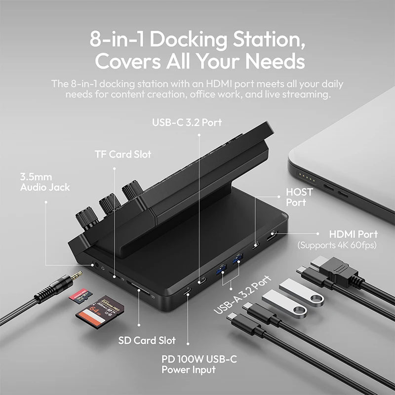 Ulanzi D200X All-in-One Creative Deck Studio Controller for Video/Photo Editing 8-in-1 Docking Station with Audio Jack 4K HDMI