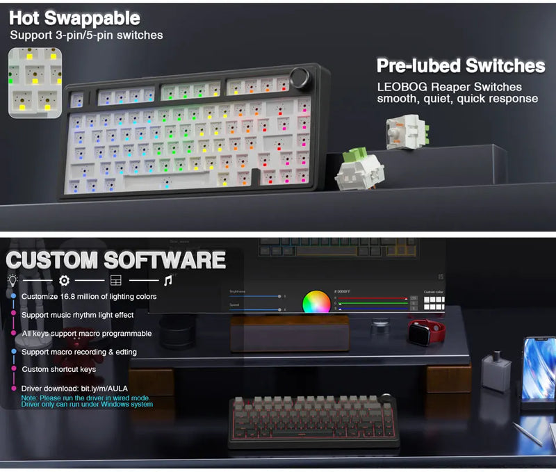 AULA F75 Wireless Game Mechanical Keyboard RGB Customized 75% Layout Side-engraving Gasket Mounted PBT Gradient Keycaps Keyboard