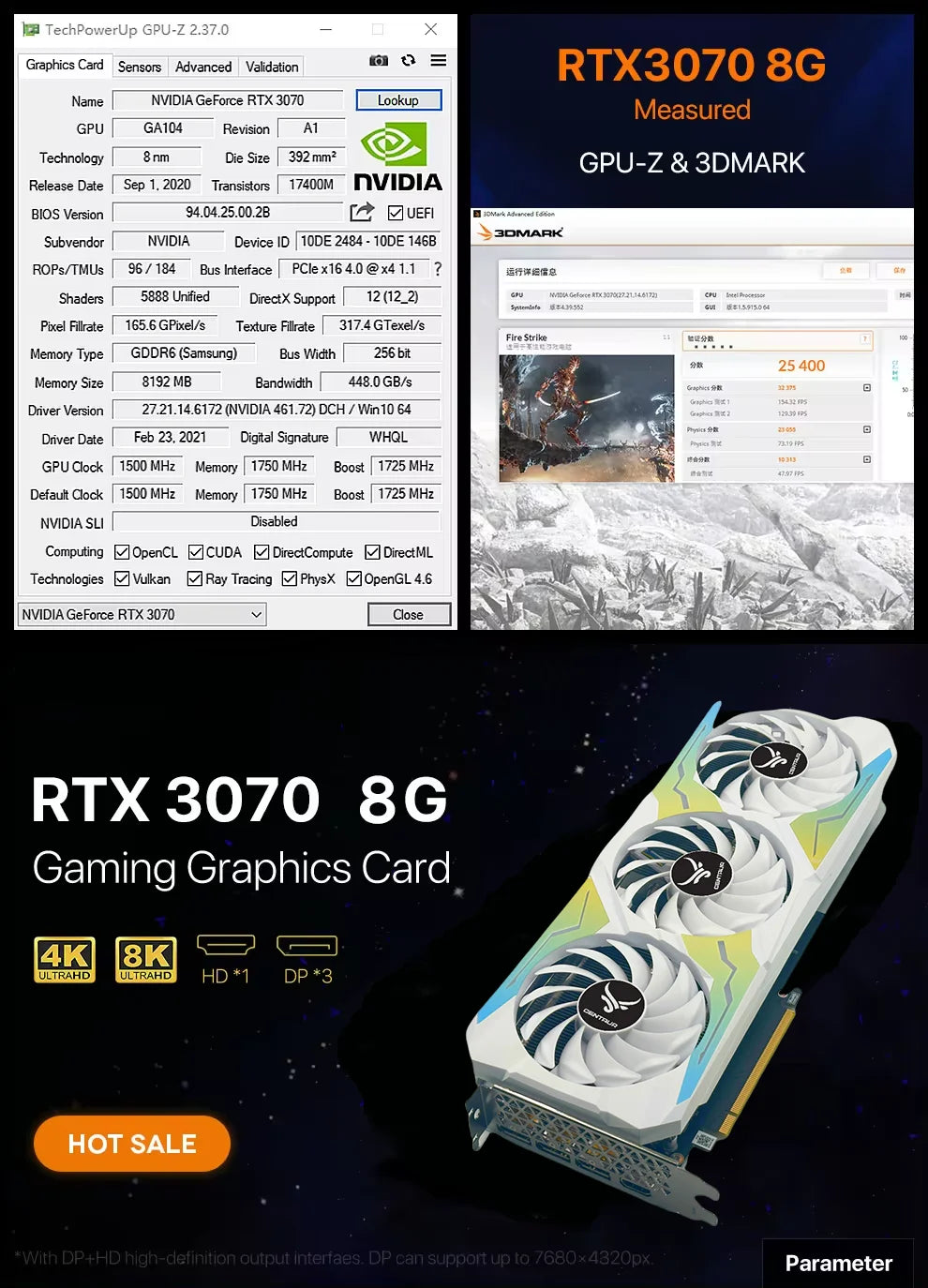 CENTAUR  Gaming GeForce RTX 3060ti 3070 3070ti 8GB GDRR6 256Bit HDM1/DP 3X Fans 3.0 Ampere Architecture Graphics Card