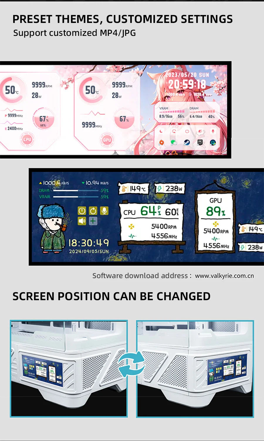 VALKYRIE M-ATX PC Case Gaming Desktop Case VK03-M LCD Supports 360 Water Cooling 6.2-inch Touchscreen Glass 270° Sea View Room