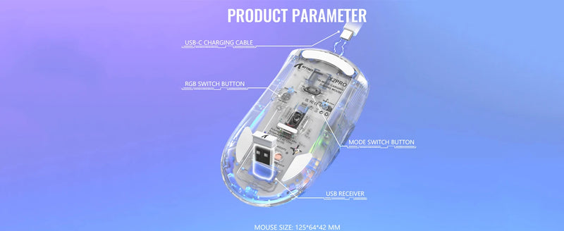 ATTACK SHARK X2Pro Wireless Gaming Mouse with RGB Charging Dock,Tri-Mode Mute Mouse RGB Backlit,Transparent Shell,PixArt 3212