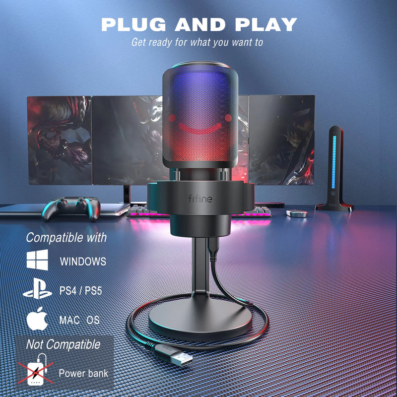 FIFINE USB Microphone for Recording and Streaming on PC and Mac,Headphone Output and Touch-Mute Button,Mic with 3 RGB Modes -A8