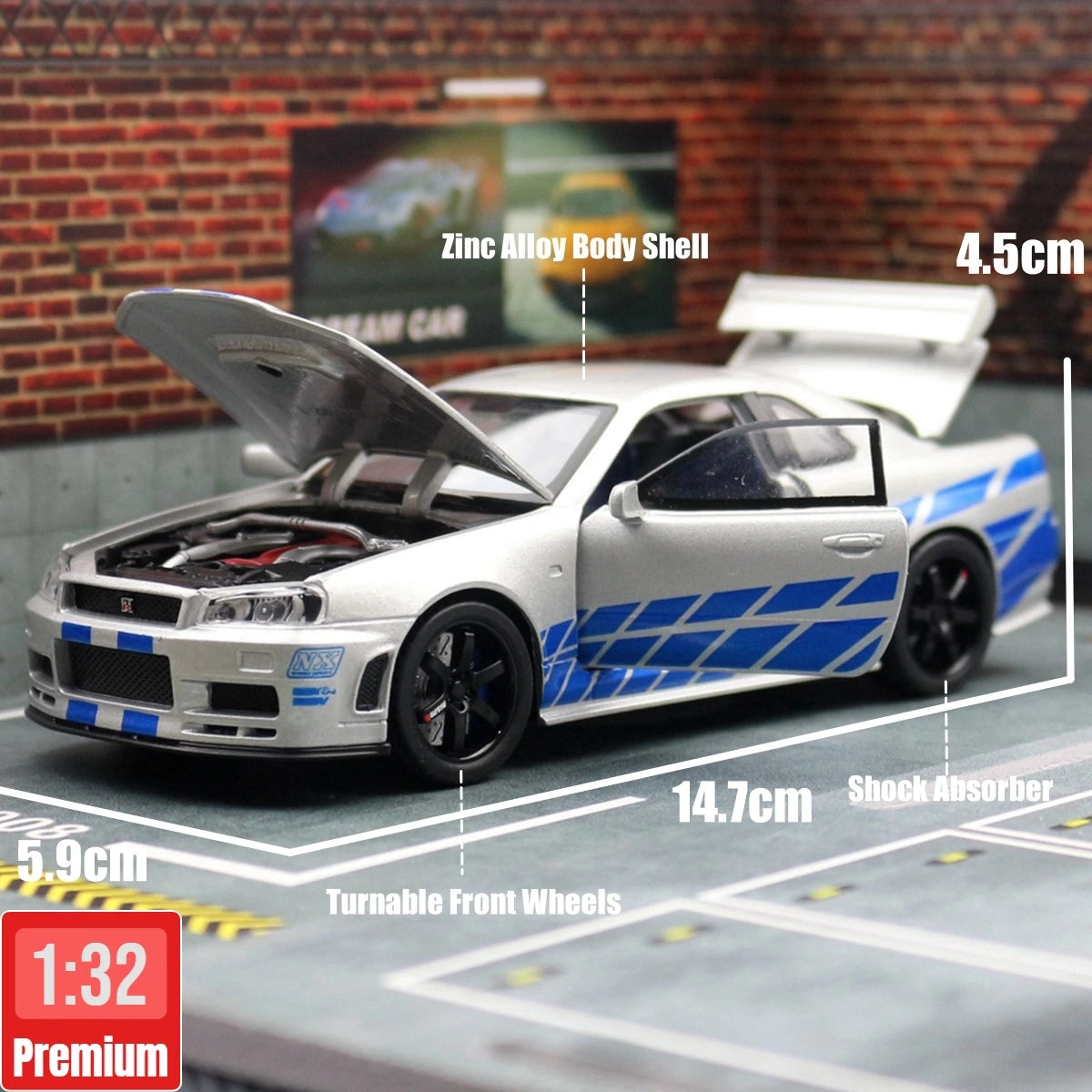 1/32 Nissan Skyline GTR R34 JDM Toy Car Model Diecast Vehicle Miniature Sound & Light Pull Back Collection Gift Children Boy