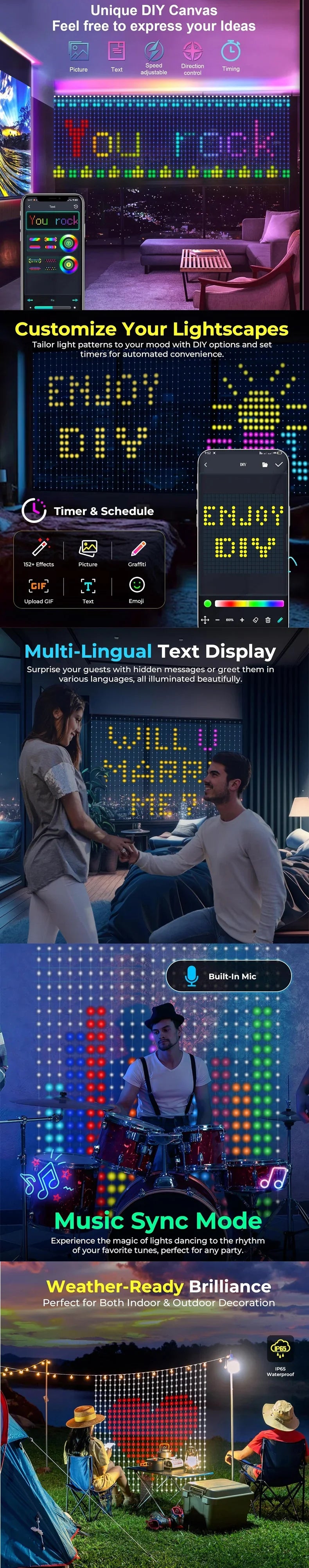 1/2PCS Smart LED Curtain Lights LED Fairy Lights App Control Music Sync DIY Pattern Waterproof for Indoor Outdoor Party Decor