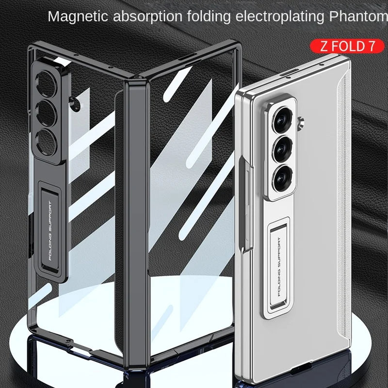 Ultra-thin Transparent Plated Frame Stand Holder with Glass Protective Film Case for Samsung Galaxy Z Fold 7 fold7 Protect Cover