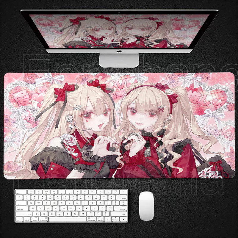 Anime Kawaii Girls PC Gaming Mouse Pad Pink Best Friend Computer Office Accessories Large Gamer Non-slip Keyboard Expansion Pads