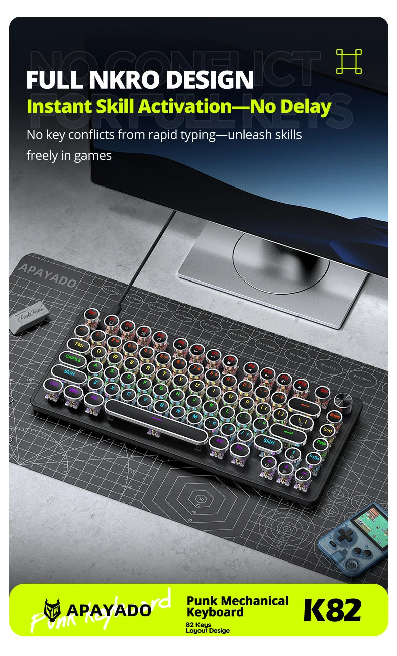 APAYADO K82 Wired Steampunk Mechanical Keyboard 75% Compact 82-Key Hot-Swappable RGB Retro Gaming Keyboard Multifunctional Knob