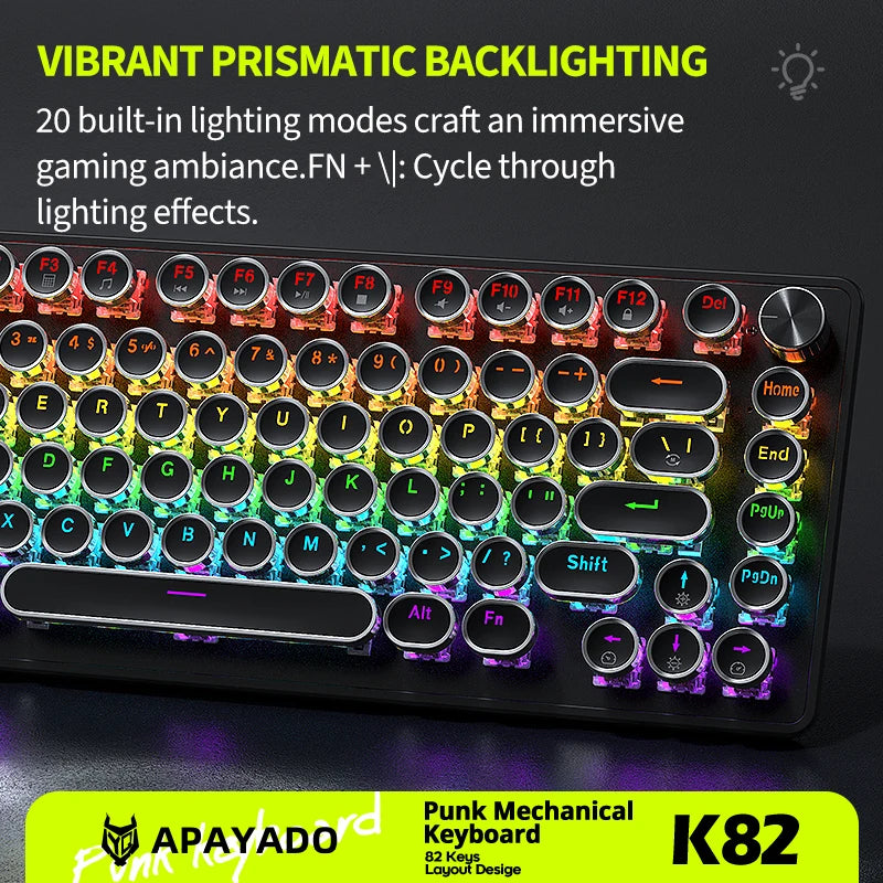APAYADO K82 Wired Steampunk Mechanical Keyboard 75% Compact 82-Key Hot-Swappable RGB Retro Gaming Keyboard Multifunctional Knob