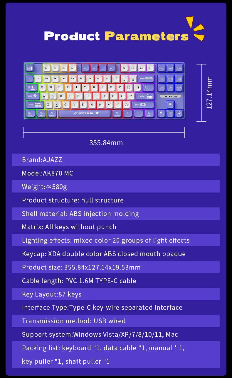 Ajazz AK870MC Wired Mechanical Gaming Keyboard 75% Layout Hot Swap Keyboards 87 Keys Red Brown Switch for Laptop Desktop PC