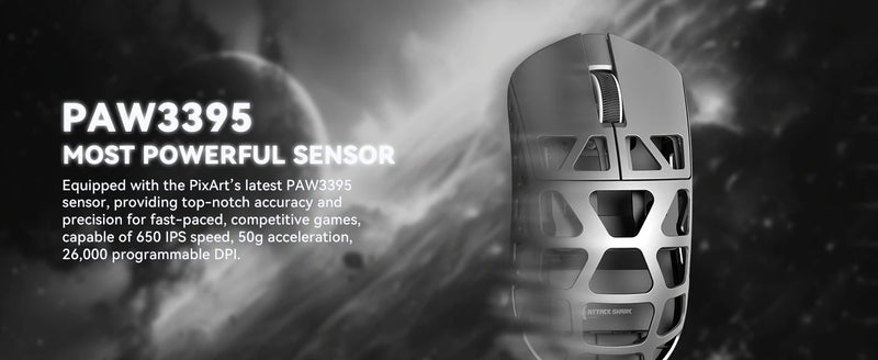 Attack Shark R3 Wireless Gaming Mouse,PAW3395 Up to 26K DPI 8KHz Return Rate,Magnesium Alloy 46G Ultralight Hollowed Design, Tri