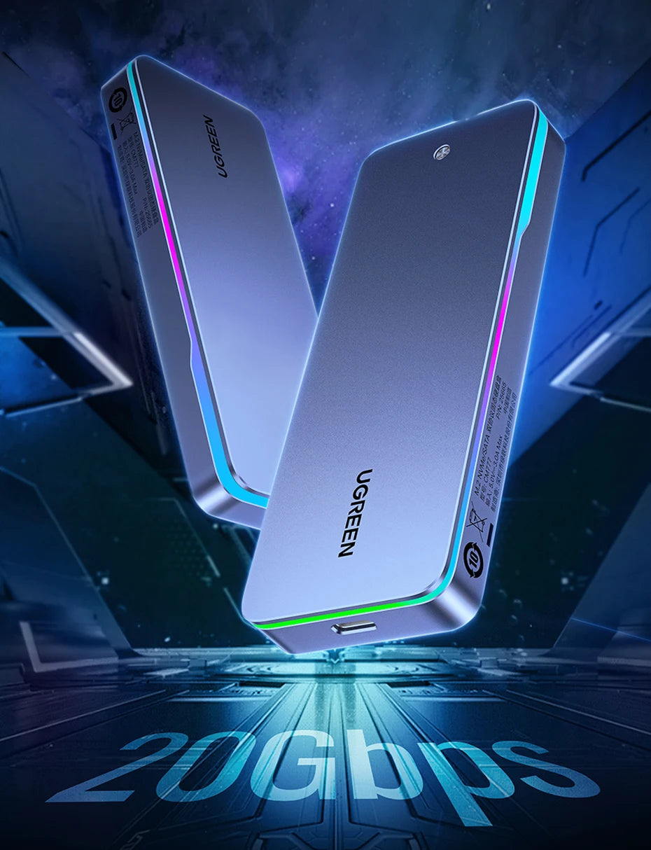 UGREEN 20Gbps M.2 SSD Case NVMe SATA SSD Enclosure Adapter USB 3.2 Gen2 External Enclosure Supports RGB Lighting effect
