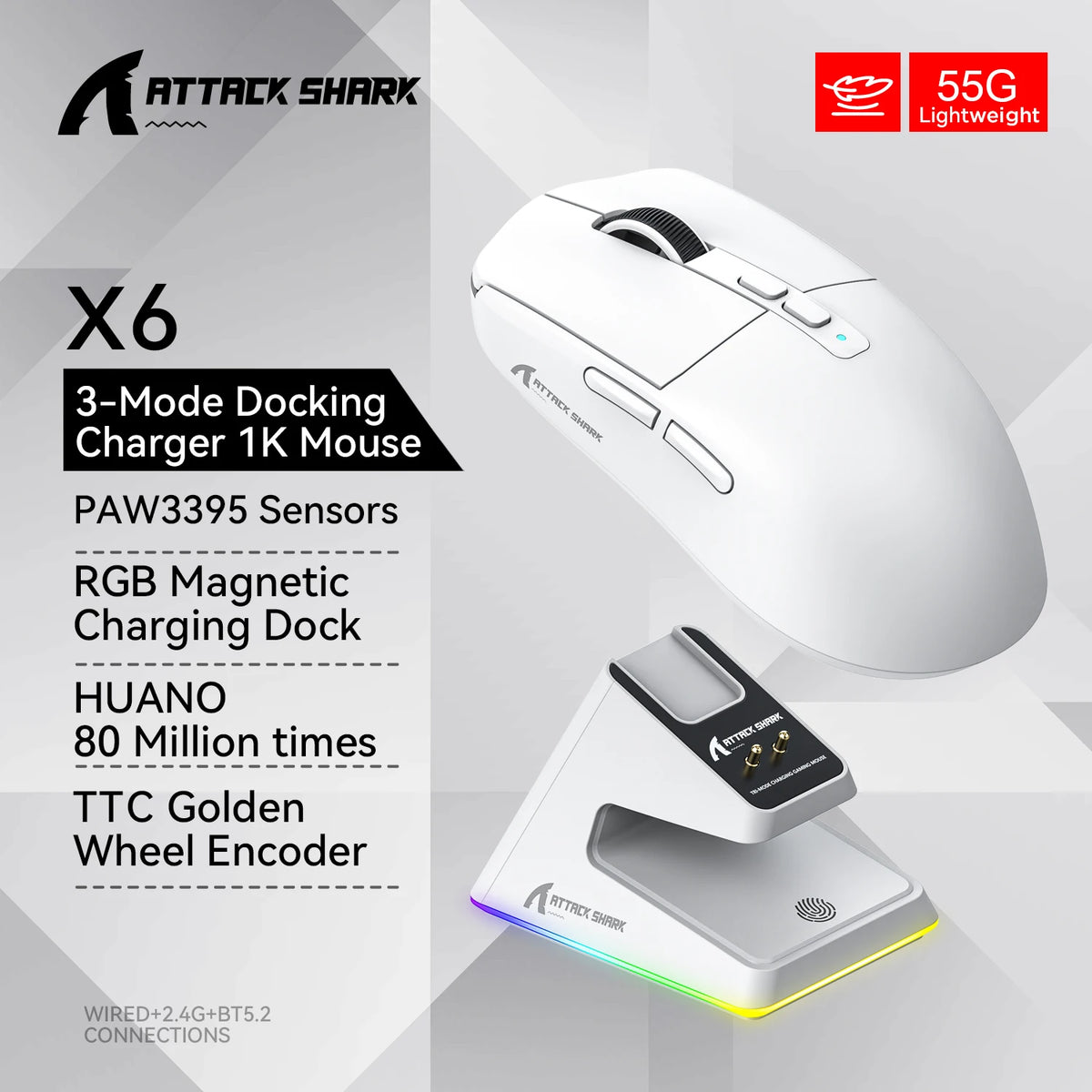 Attack Shark X6 PAW3395 the third mock examination Lightweight Bluetooth Mouse RGB Touch Magnetic Charging Stand DPI26000