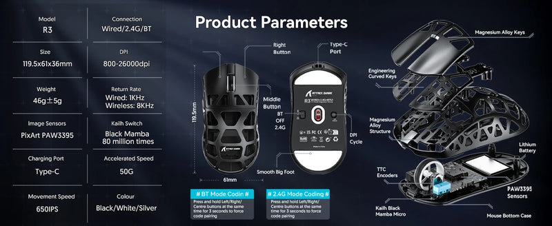 Attack Shark R3 Wireless Gaming Mouse,PAW3395 Up to 26K DPI 8KHz Return Rate,Magnesium Alloy 46G Ultralight Hollowed Design, Tri