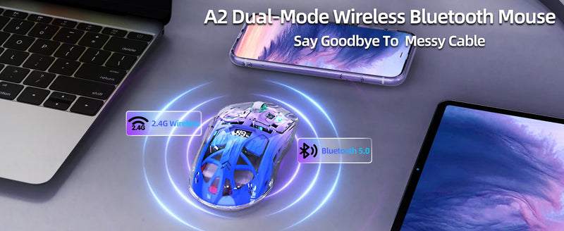 A2 Transparent Wireless Gaming Mouse, BT 5.0/2.4G PC Rechargeable RGB Mice with Digital Screen,PixArt 3212, 5 Adjustable DPI