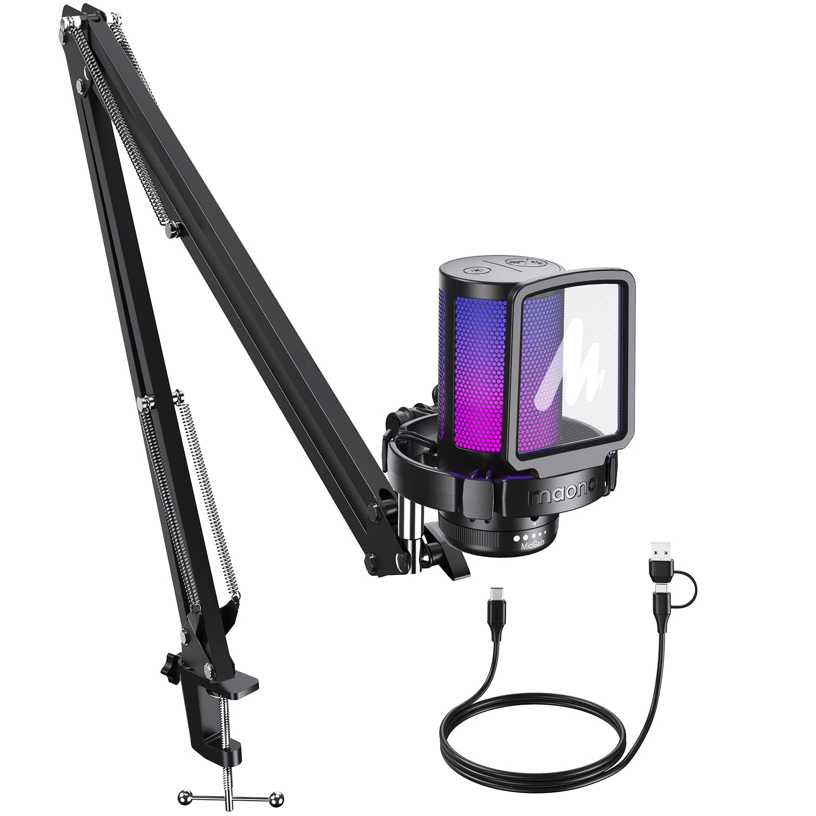 Maono DGM20S GamerWave | USB Condenser Gaming Microphone | ENC Noise Cancellation, RGB & Boom Arm Bundle