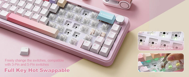 YUNZII B68 Wireless Mechanical Gaming Keyboard, Tri-Mode Hot Swappable Cute Gasket Mounted Creamy Keyboard for Win/Mac,