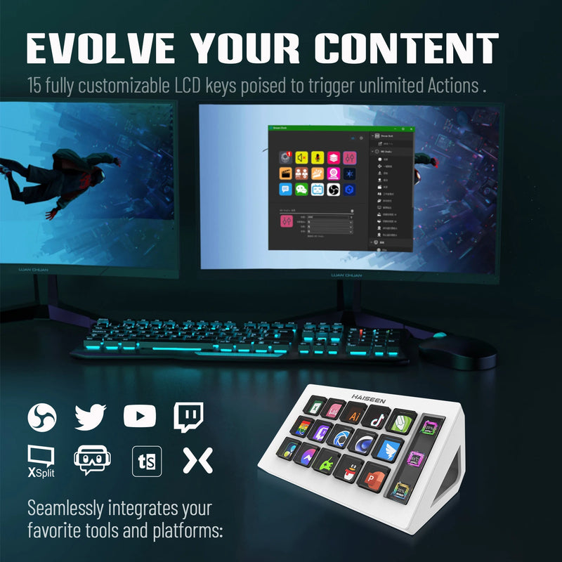 Visual Stream HAISEEN Dock Keyboard LCD Button 15Keys Live Content Creation Controller Customizable Windows/MacOS/Android/iOS