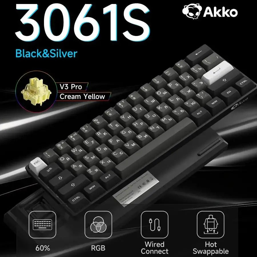 Akko 3061S Black&Silver Wired Mechanical Gaming Keyboard RGB Backlit Russian ASA Profile PBT Double Shot Keycaps