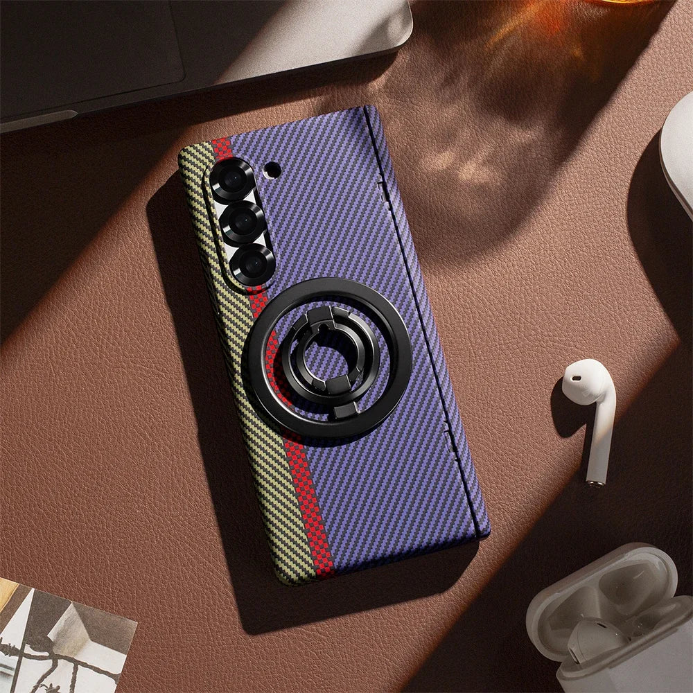 Carbon Fiber Magnetic Ring Holder Stand Case For Samsung Galaxy Z Fold 7 6 5 With Screen Glass Film Fold6 Hinge Protective Cover
