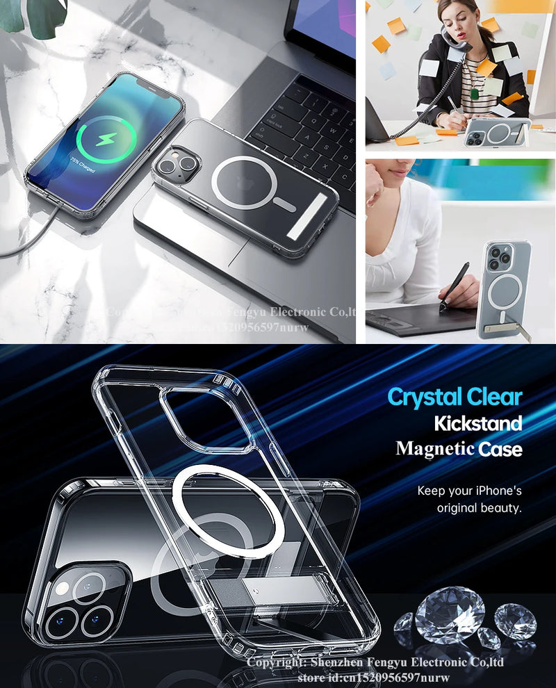 Clear Magnetic Phone Case for iPhone 16 15 14 Pro Max 13 12 11 Mini with Kickstand for MagSafe Wireless Charging Back Cover