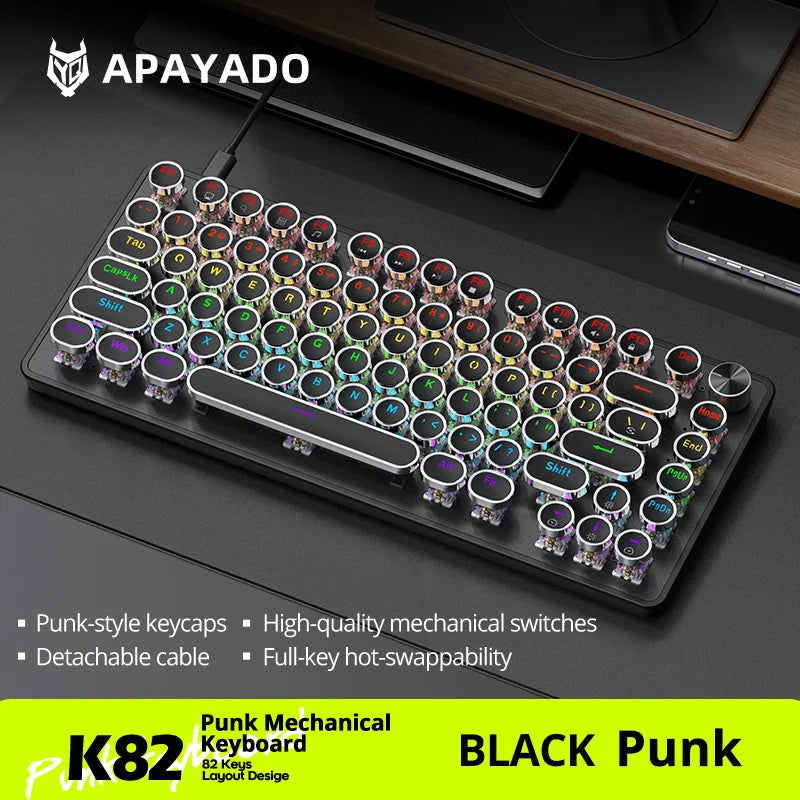 APAYADO K82 Wired Steampunk Mechanical Keyboard 75% Compact 82-Key Hot-Swappable RGB Retro Gaming Keyboard Multifunctional Knob
