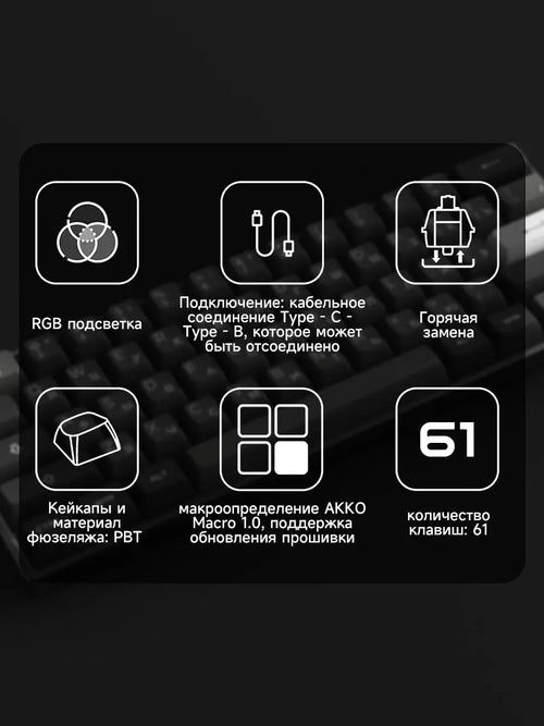 Akko 3061S Black&Silver Wired Mechanical Gaming Keyboard RGB Backlit Russian ASA Profile PBT Double Shot Keycaps
