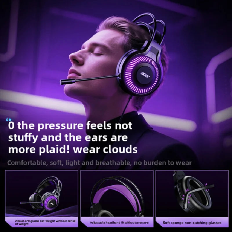 Acer OHW303 Headsets Gamer 7.1 Stereo Virtual Surround Bass Earphone Gaming Headphone with Mic LED Light for Computer PC Gamer