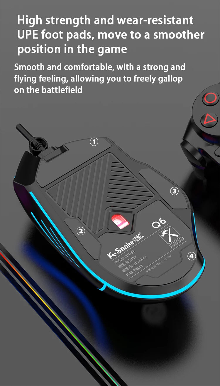 K-Snake Q6 Wired USB Gaming Mouse Desktop PC/Notebook Home Office Glow 8 Button Mouse 7200DPI Macro Programming