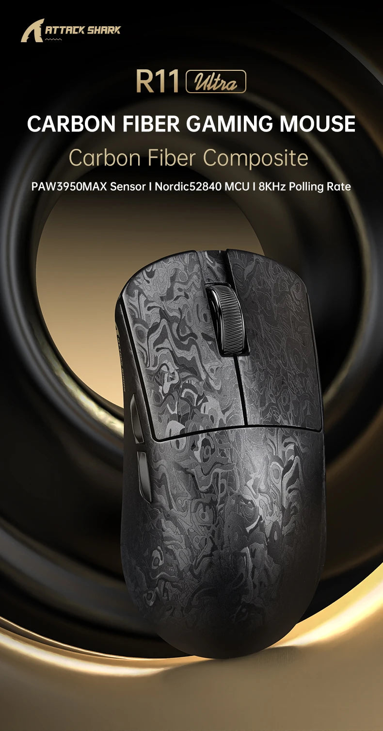 Wireless 8K Attack Shark R11 Ultra Gaming Mouse Carbon Fiber PAW3950MAX Sensor 42000DPI OMRON 100M Switch