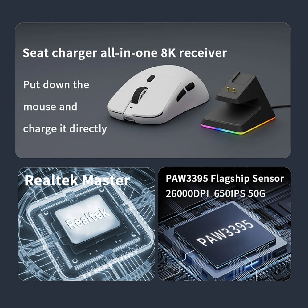 Darmoshark X5 Gaming Mouse 7Key PAW3395 Double 8K Wired Wireless 26000 DPI RGB Magnetic Charging Base Motospeed Macro Game Mouse