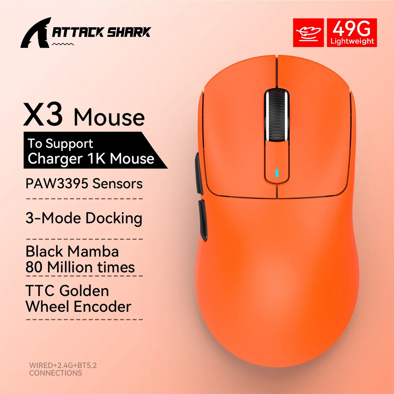 Attack Shark X3 PixArt PAW3395 Bluetooth Mouse 2.4G Tri-Mode Connection, 26000dpi, 650IPS,Lightweight Macro Gaming Mouse