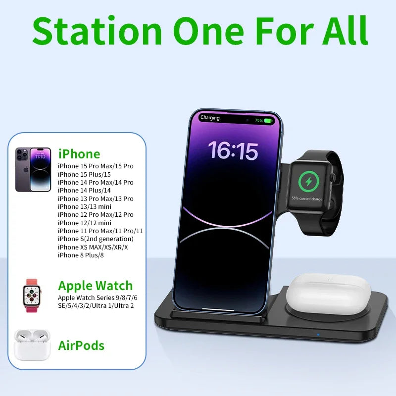 300W Fast Wireless Charger Stand Pad Foldable Fast Charging Station Dock for iPhone 16 15 14 13 12 Pro Max Apple Watch Airpods