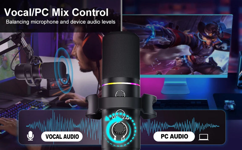 XLR/USB Dynamic Microphone Kit, PC Microphone for Streaming, Podcasting, Gaming, RGB, Mute and Noise Cancelling Function, Volume
