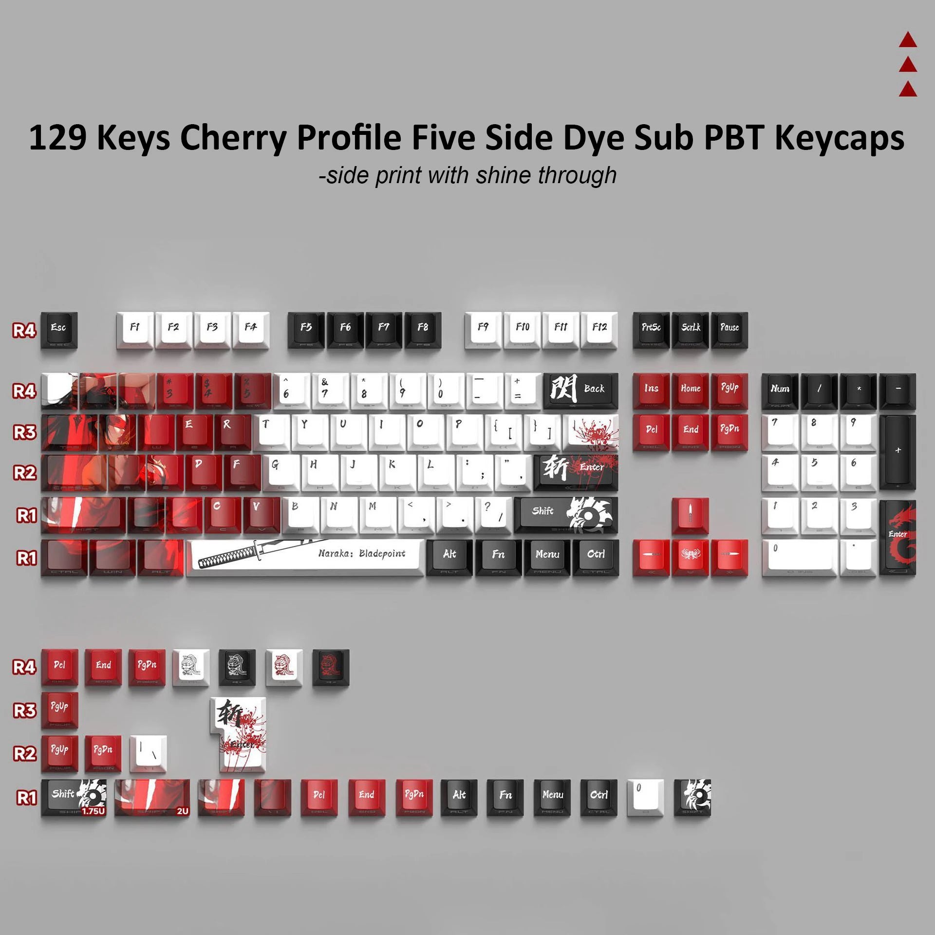 129 Keys Swordsman 5 Sides Dye Sub PBT Keycap Cherry Profile Side Printed Shine Through Keycaps for MX Switches Gaming Keyboard